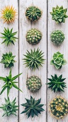 Wall Mural - Succulents, cacti, wooden background, overhead view, home decor