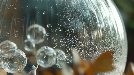 Wall Mural -   A close-up shot of a glass vase filled with water drops on its outer surface and leaves inside