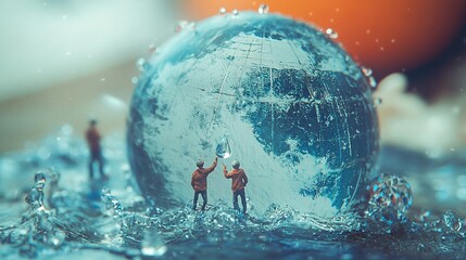 Wall Mural -   A pair of figurines atop a crystal ball surrounded by water in a pool