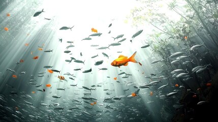 Wall Mural -   A school of fish swimming in a vast lake adjacent to a lush forest with numerous trees