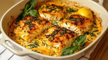 Wall Mural -   A focused shot of a baking dish filled with chicken and spinach resting on a white cloth