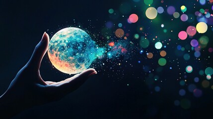 Wall Mural -   A hand holding a glowing ball against a multicolored bokeh of light on a dark background