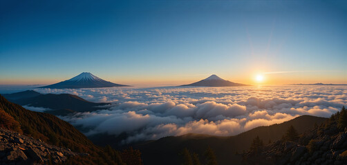 Wall Mural - Two snow-capped mountains tower over a sea of clouds, illuminated by the warm light of sunrise. Verdant forests line the foothills, enhancing the tranquil beauty of the landscape