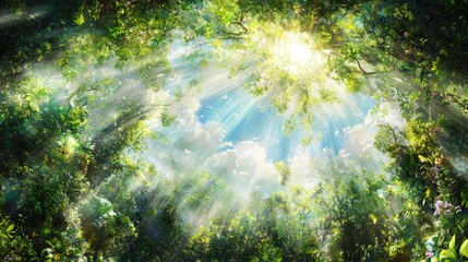 Poster - Sunbeams through lush forest canopy, blue sky, nature background, idyllic scene