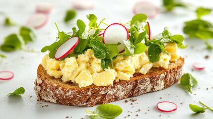 Wall Mural - Egg salad sandwich with watercress and sliced radishes on whole wheat bread, isolated on a white background.