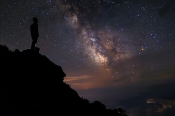 Wall Mural - astronomer stargazing milky way nebula with telescope under night sky, generative ai image