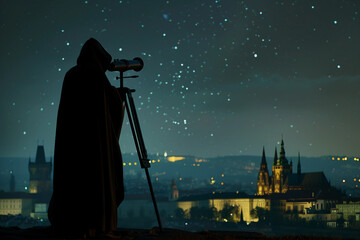 Wall Mural - astronomer stargazing milky way nebula with telescope under night sky, generative ai image