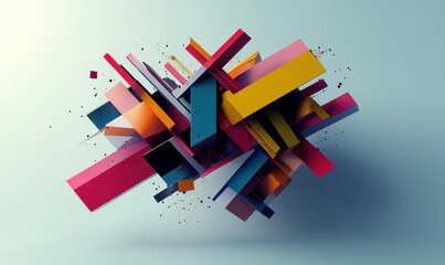 A three-dimensional render of a multicolored abstract geometric composition.