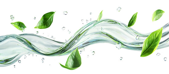 3d water splash with green tea or mint leaves isolated on transparent background png render. Abstract liquid wave curve fluid flow with leaf for menthol drink or mouthwash Ad banner. 3D illustration