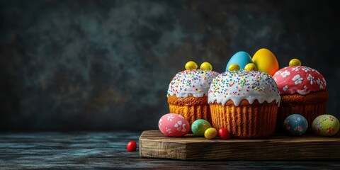 Colorful cupcakes and decorated eggs display on a rustic wooden board for a festive celebration