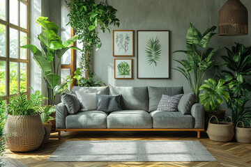 Wall Mural - Inviting living room with a cozy gray sofa and lush indoor plants