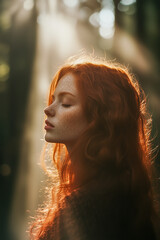 Wall Mural - A woman with red hair is sitting in the woods