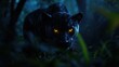 © mila103 - In a lush, dark forest, a black panther moves silently among the foliage, its striking yellow eyes glowing in the low light as it stalks through the underbrush at night