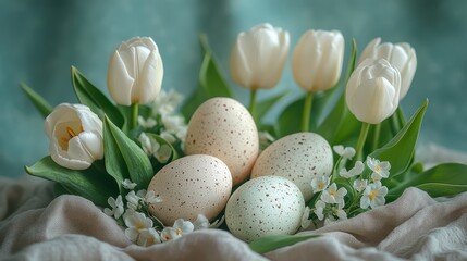 Wall Mural - Bright pastel eggs surrounded by white tulips on a soft fabric backdrop perfect for spring celebrations