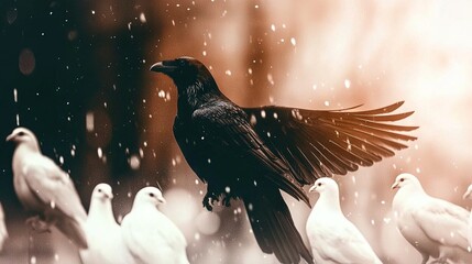 Wall Mural - a flock of white birds on a snow-covered ground with a black bird perched on top