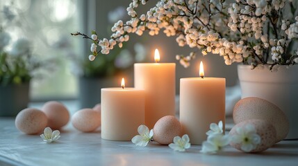 Wall Mural - Minimalist arrangement of candles and flowers with decorative eggs in a serene setting