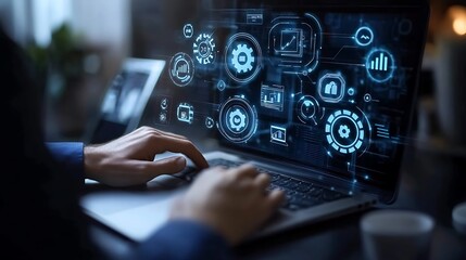 Person using laptop with digital interface showing technology icons.