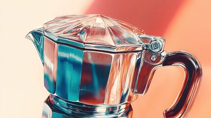 Canvas Print -   A glass coffee pot sits atop a table, adjacent to a red and white wall and a pink and blue backdrop