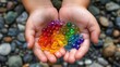 © Khaisan - Child Holding Rainbow Water Beads in Hands Over Rock Background