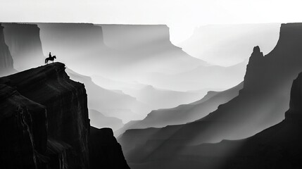 Wall Mural -  Black and white photo of man on mountaintop, overlooking cliffside view