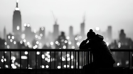 Sticker -   A monochrome image of a person resting on a bench amidst an urban landscape under twilight