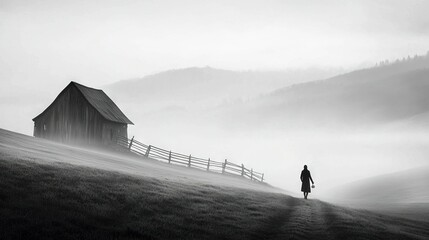 Wall Mural -   A monochrome image captures a person posed near a rustic barn amidst mountainous fog