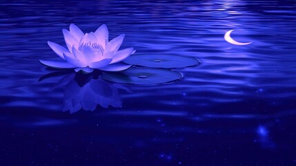 Poster -   A white water lily bobbing atop a tranquil body of water beneath a crescent moon in the sky