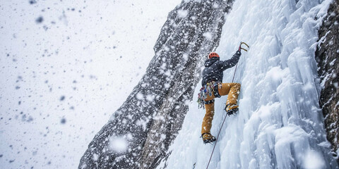 climber ascends icy mountain during snowstorm at high altitude