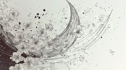 Sticker -   A monochrome illustration of blooming flowers and a crescent moon set against a plain white backdrop, encircled by a black-and-white frame