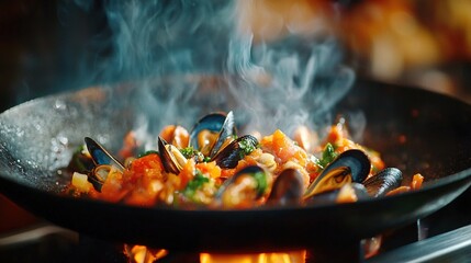 Wall Mural -   Frying pan filled with mussels, broccoli, and flame stove for cooking