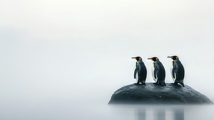 Wall Mural -   Three penguins perched atop rock amidst foggy body of water