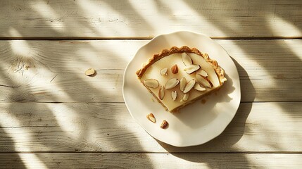 Poster -   A pie on a white plate atop a wooden table with a nearby cup of coffee