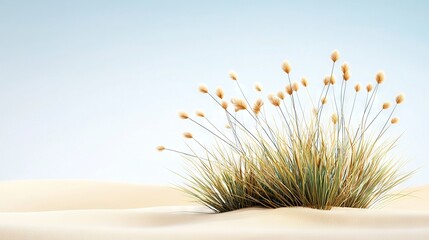 Canvas Print -   An image of a lone tree surrounded by sand in a vast, clear sky, with a cluster of white blossoms in sharp focus at its base