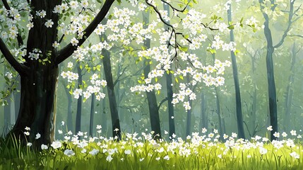 Wall Mural -  White flowers in foreground, tree with green leaves in background