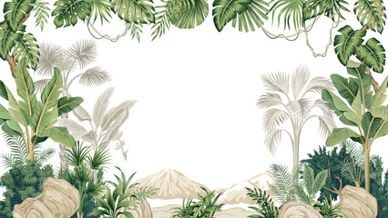 Wall Mural - Tropical palm trees, banana, green leaves, plants, stone, mountain frame. Jungle landscape mural.