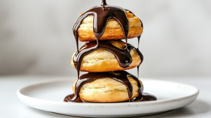 Wall Mural -   A close-up photo of a plate filled with donuts and topped with a chocolate drizzle