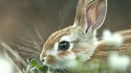 Poster -   Close-up of tiny rabbit amidst green grass and vibrant flowers against out-of-focus backdrop