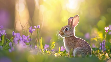 Poster -   A rabbit sits amidst purple and green flower fields, bathed in sunlight filtering from tree backgrounds