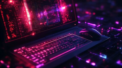Neon-lit laptop with keyboard and mouse, displaying vibrant digital code on its screen.