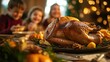 © Philipp - Roasted turkey centerpiece on a festive table with smiling children in background, symbolizing family holiday traditions. Ideal for seasonal food and lifestyle content.