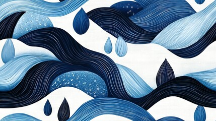 Poster -   A picture of a blue and white wallpaper featuring waves and water droplets on the surface