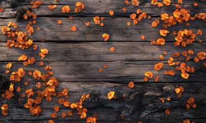Wall Mural - vibrant orange autumn leaves scattered across a rustic wooden surface, creating a warm seasonal mood