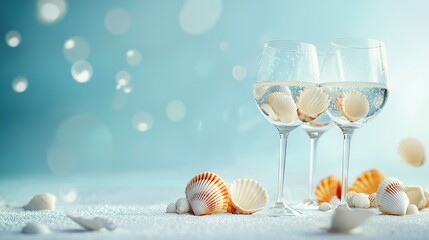 Wall Mural -   A table holds two wine glasses and a glass filled with water and seashells