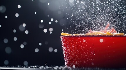 Wall Mural -  A red bowl holding orange peels rests atop a snow-covered wooden table, dripping with water