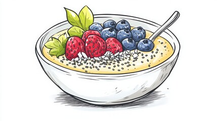 Wall Mural - Delicious bowl of healthy porridge with fresh berries and coconut flakes