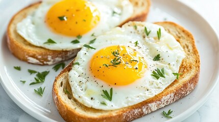 Wall Mural -   Two fried eggs on white bread with fresh parsley garnish