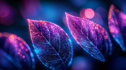 Poster - Glowing leaves, dark bokeh background, nature, digital art, website header