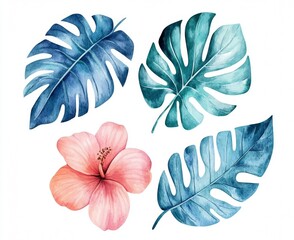 Wall Mural - A collection of 8 hand-painted tropical watercolor elements, showcasing leaves and flowers