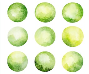 Wall Mural - Hand-painted green watercolor circles, isolated on a white background, suitable for artistic design. The illustration showcases round stains and blobs