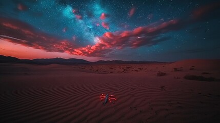 Wall Mural -  A clear night sky, filled with stars, stands as a backdrop to a pair of worn-out shoes placed on the sandy ground In the distance, tow